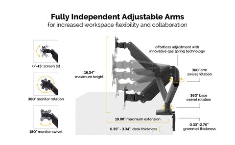 DeskStand Fellowes Platinum Series Dual Monitor Arm mounted on a desk, holding two monitors side by side with fully extended adjustable arms.