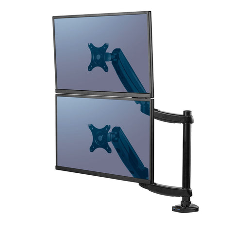 Front view of the DeskStand Fellowes Platinum X Dual Stacking Monitor Arm holding two monitors in a vertical, stacked configuration.