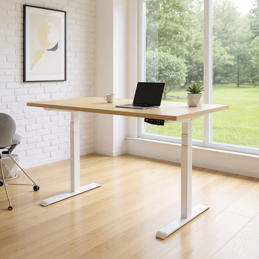 Electric TekDesk by DeskStand Standing Desk Sit Stand Height adjustable - Natural top white frame.