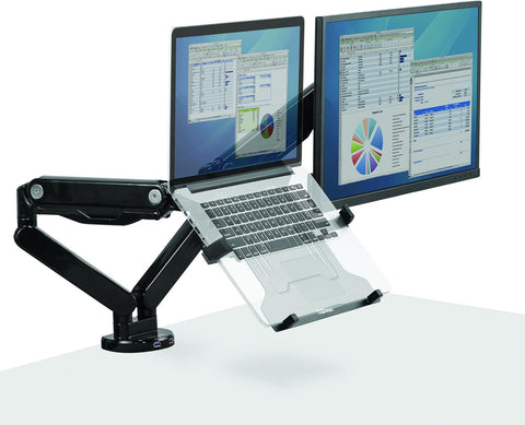 Side view of the DeskStand Fellowes laptop platform tilted upward, showing the ventilated non‑slip base that helps dissipate heat and stabilise the laptop.