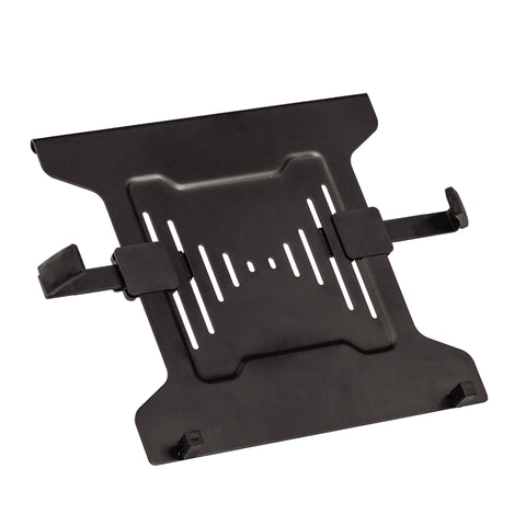 Side view of the DeskStand Fellowes laptop platform tilted upward, showing the ventilated non‑slip base that helps dissipate heat and stabilise the laptop.