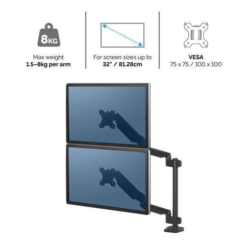 Front view of the DeskStand Fellowes Platinum X Dual Stacking Monitor Arm holding two monitors in a vertical, stacked configuration.