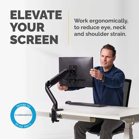Side profile of the fully extended DeskStand Fellowes monitor arm showing angled joints, smooth movement range, and VESA mount holding a display.