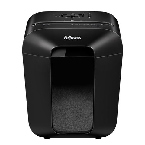 Front view of the Fellowes PowerShred LX41 mini‑cut shredder in black with slim profile and subtle glossier finish.