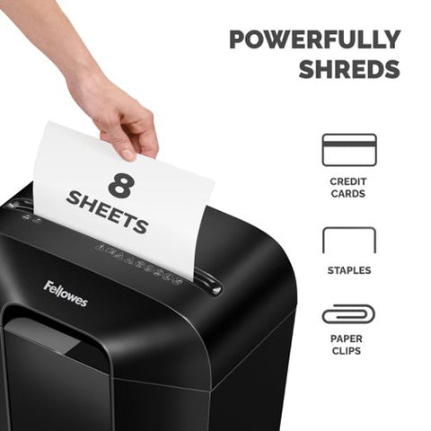 Front view of the Fellowes PowerShred LX41 mini‑cut shredder in black with slim profile and subtle glossier finish.
