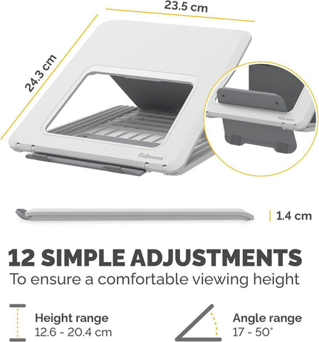Hybrid worker using adjustable DeskStand Fellowes laptop stand to align screen at eye level.