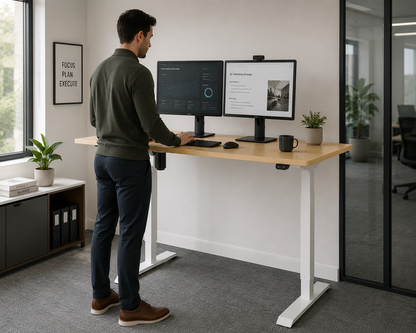 Person using a standing desk with two monitors in an office setting