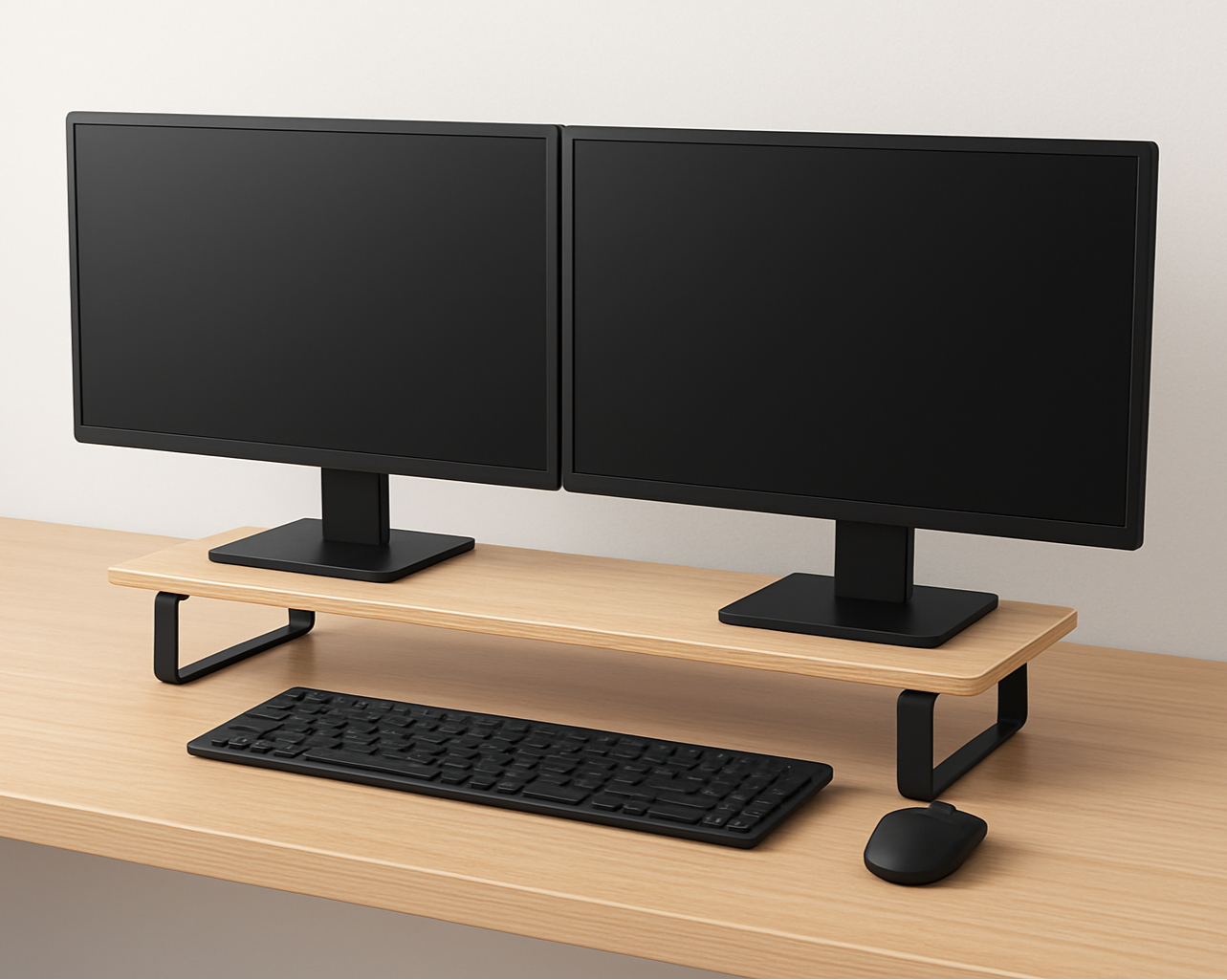 Two monitors on a desk with a keyboard and mouse, against a plain background