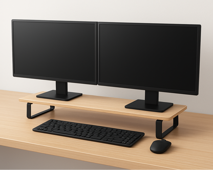 Two monitors on a desk with a keyboard and mouse, against a plain background